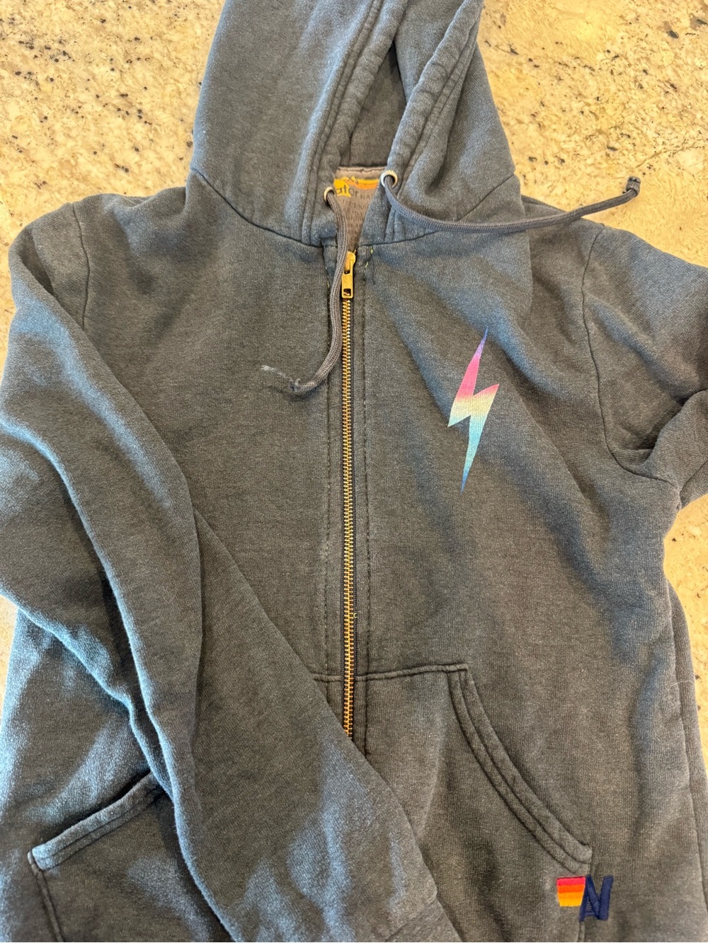 Gray Zip Hoodie with Rainbow Lightning Accent